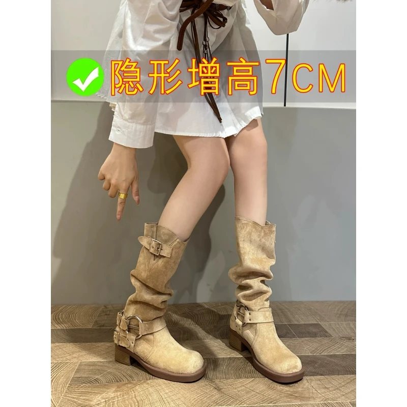 内增高堆堆靴女复古西部牛仔靴小个子粗跟厚底褶皱半包头拖鞋女