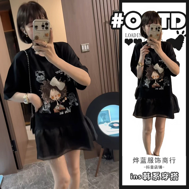 设计感重工钉珠蝴蝶结印花T恤裙女2025夏季宽松中长款裙子潮
