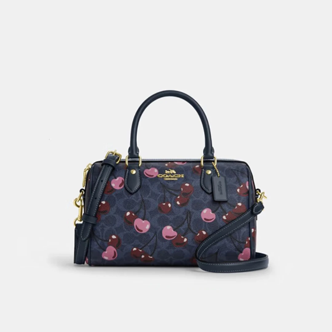 COACH/蔻驰 Rowan波士顿水桶中号手提女新款牛仔蓝樱桃25.5*17*14