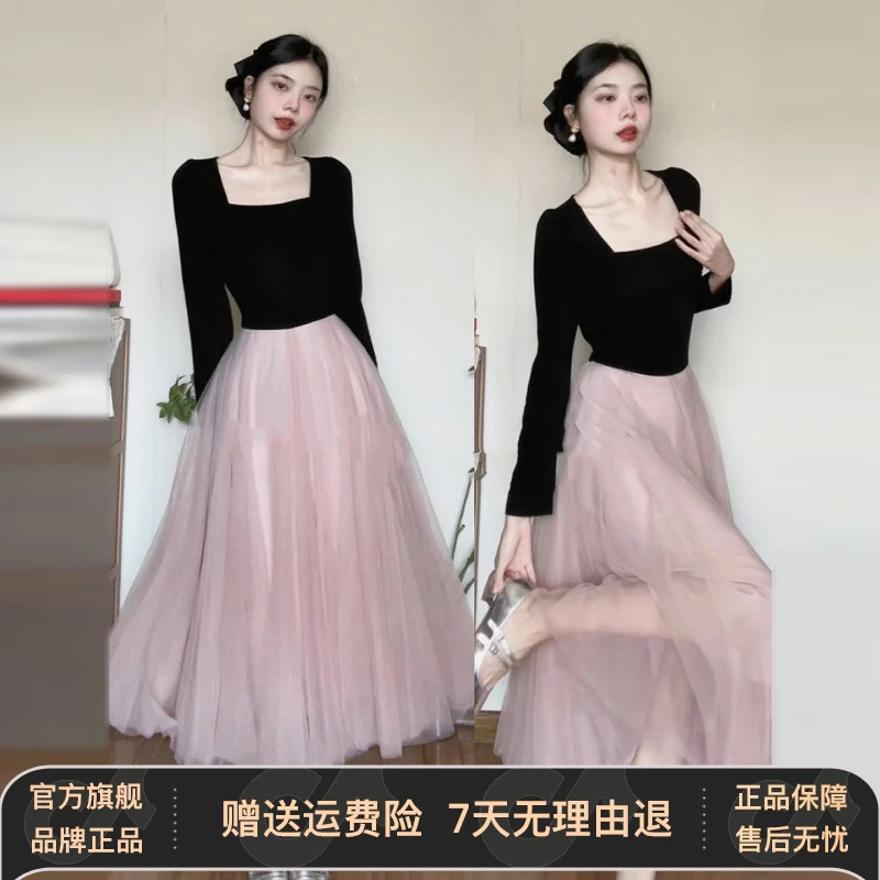 法式芭蕾风撞色拼接长袖连衣裙子女早秋季2025新款千金感收腰长裙