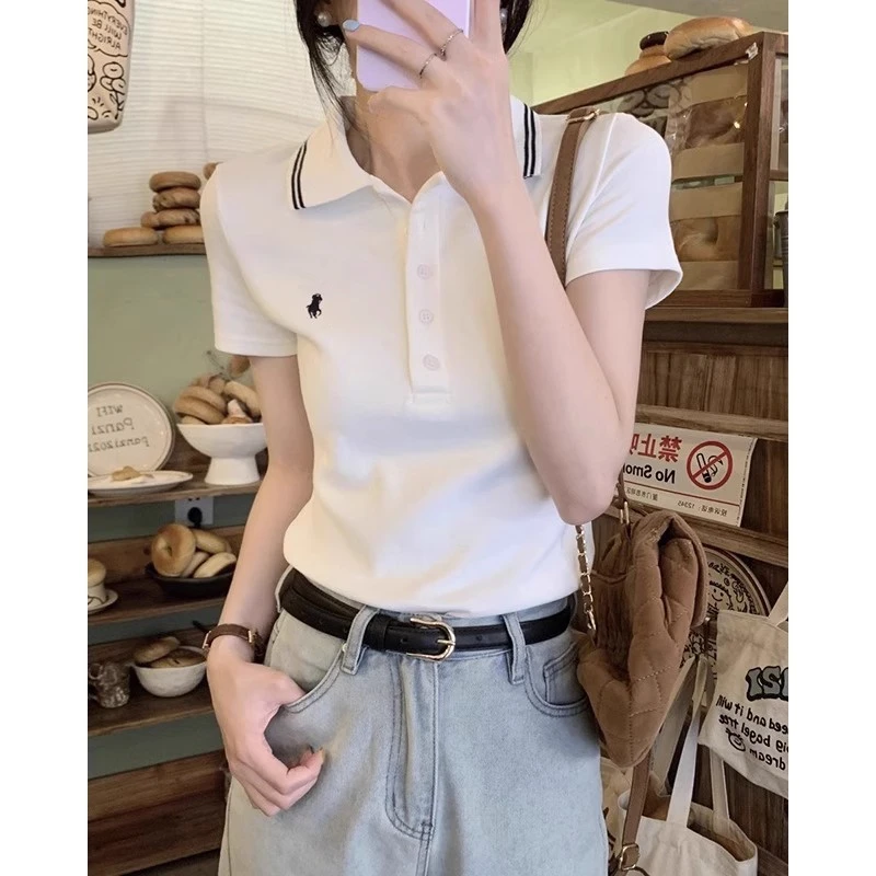 夏季小马新款正肩短袖翻领poloT恤刺绣POLO修身白色减龄辣妹上衣