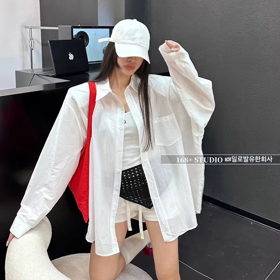 休闲韩版长袖衬衫上衣女时尚薄款宽松中长款外套防晒衣女装男友风
