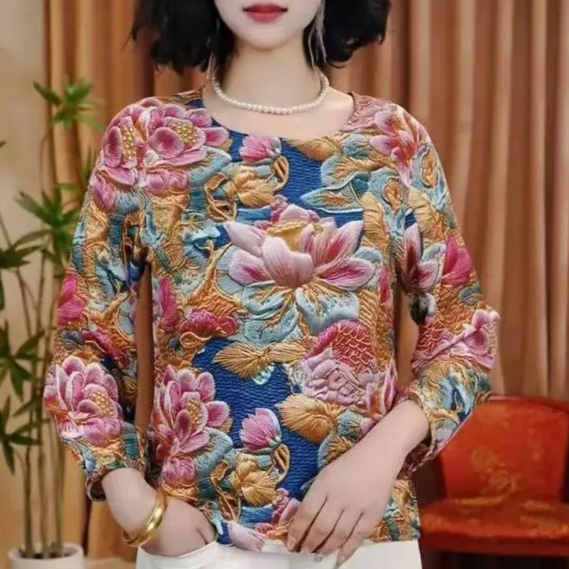 春季新款妈妈时尚定制洋气显瘦气质遮肚修身圆领减龄休闲印花小衫