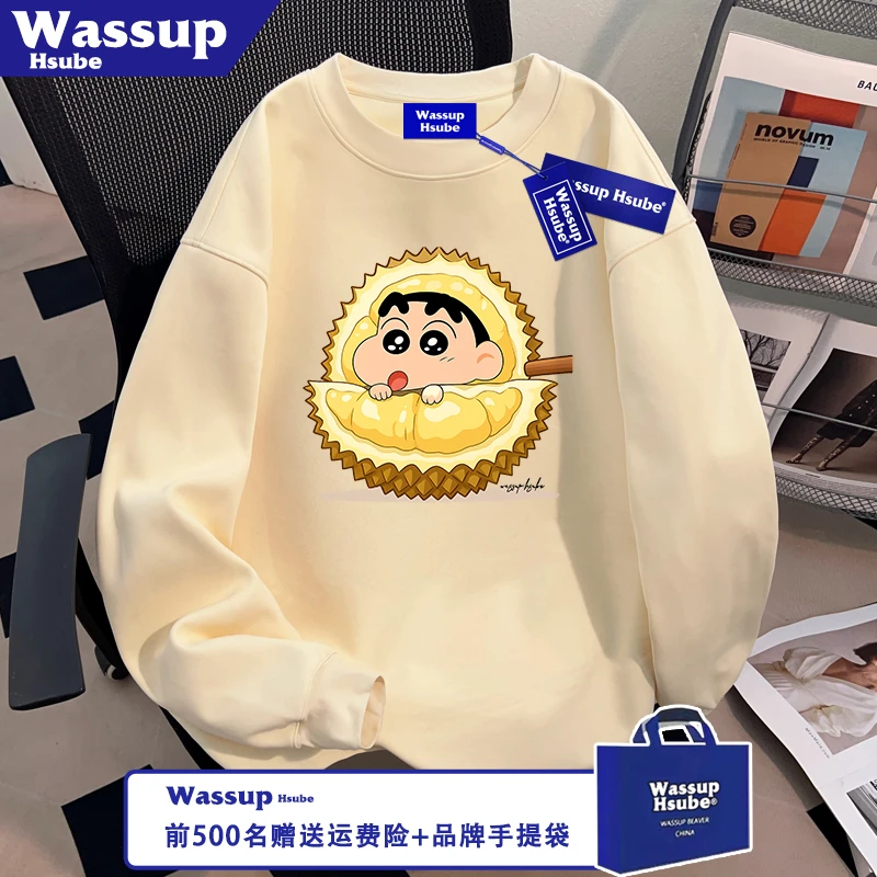 WASSUP HSUBE榴莲小新印花纯棉长袖秋季杏色宽松T恤ins男女款上衣