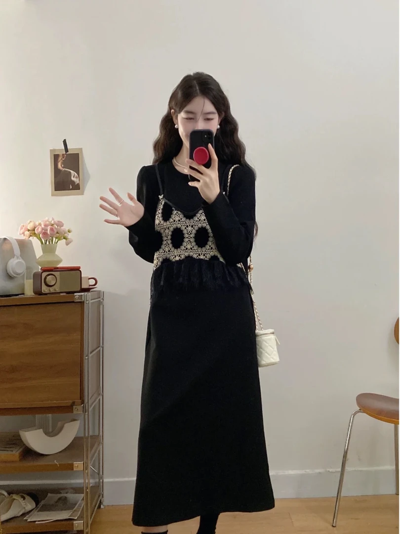 大码赫本风假两件连衣裙女春季气质高级感小黑裙胖MM遮肚显瘦裙子