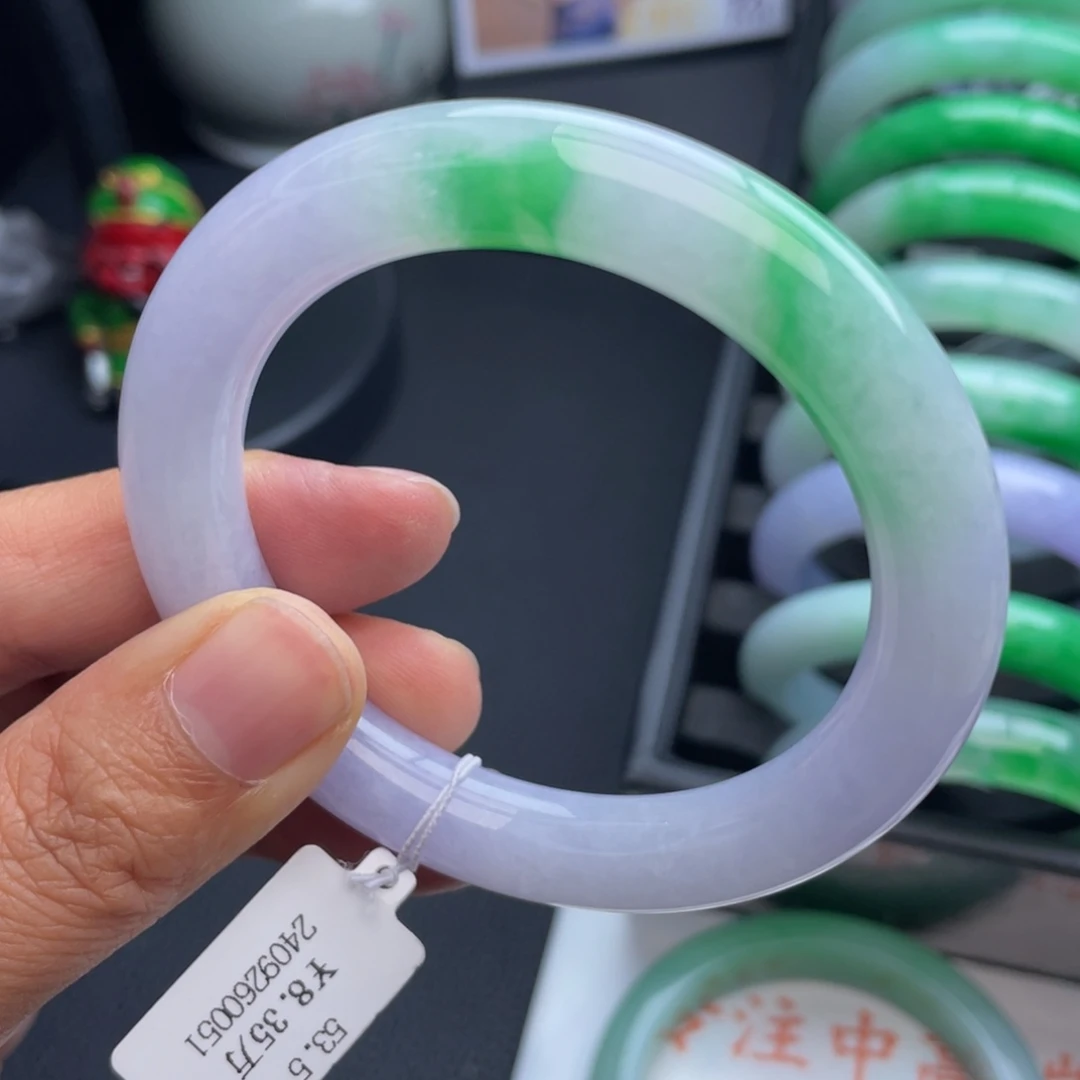 翡翠未镶嵌手镯53.5圆条翡翠冰糯春彩