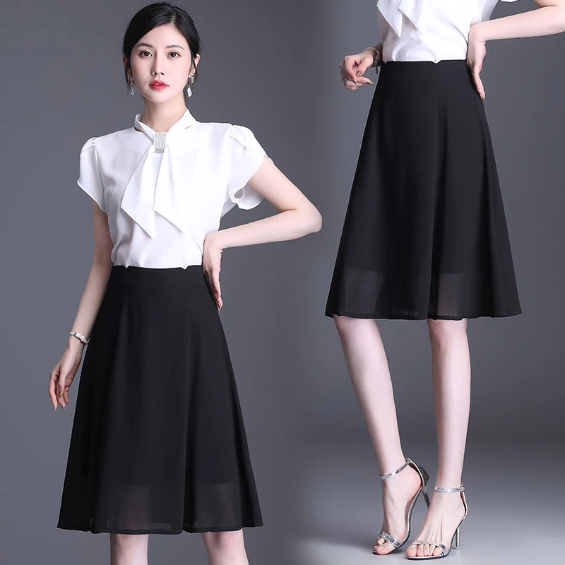 新款夏季雪纺纱半身裙黑色女中长款高腰大码纯色a字裙修身大摆裙