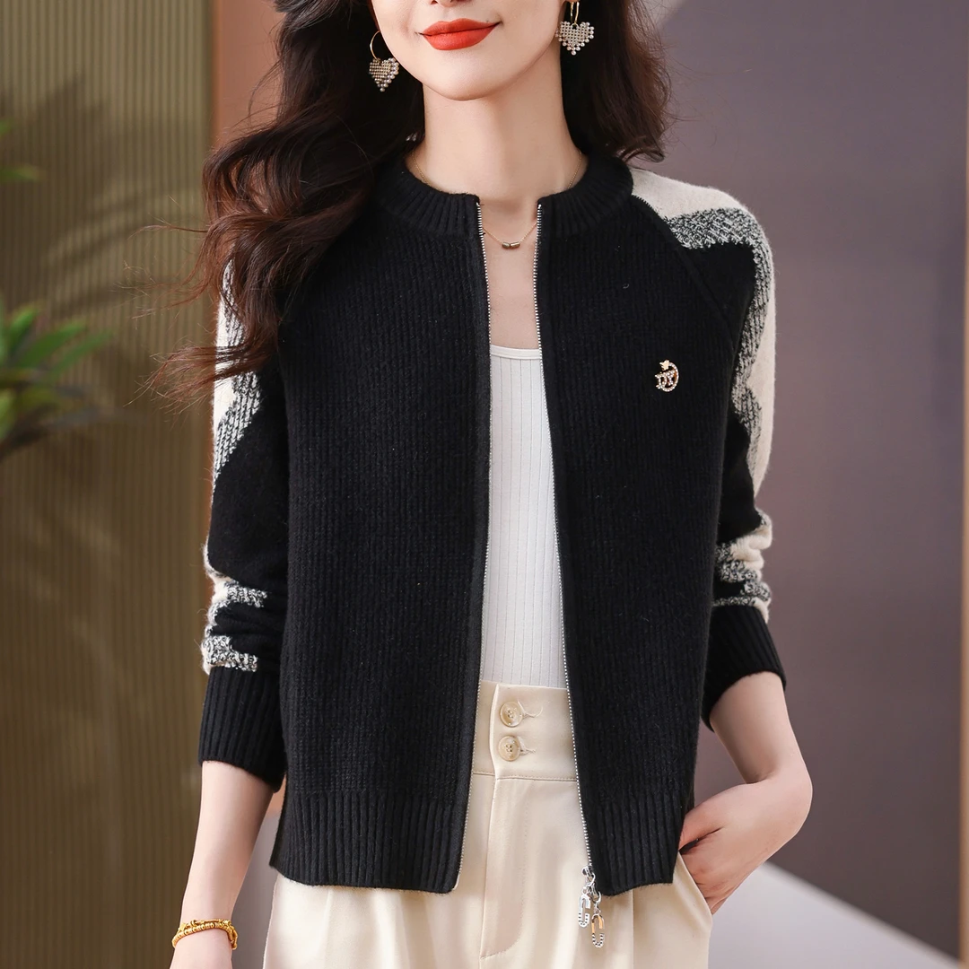 2025春秋新款双拉链立领开衫针织小外套时尚洋气圆领针织衫女装短