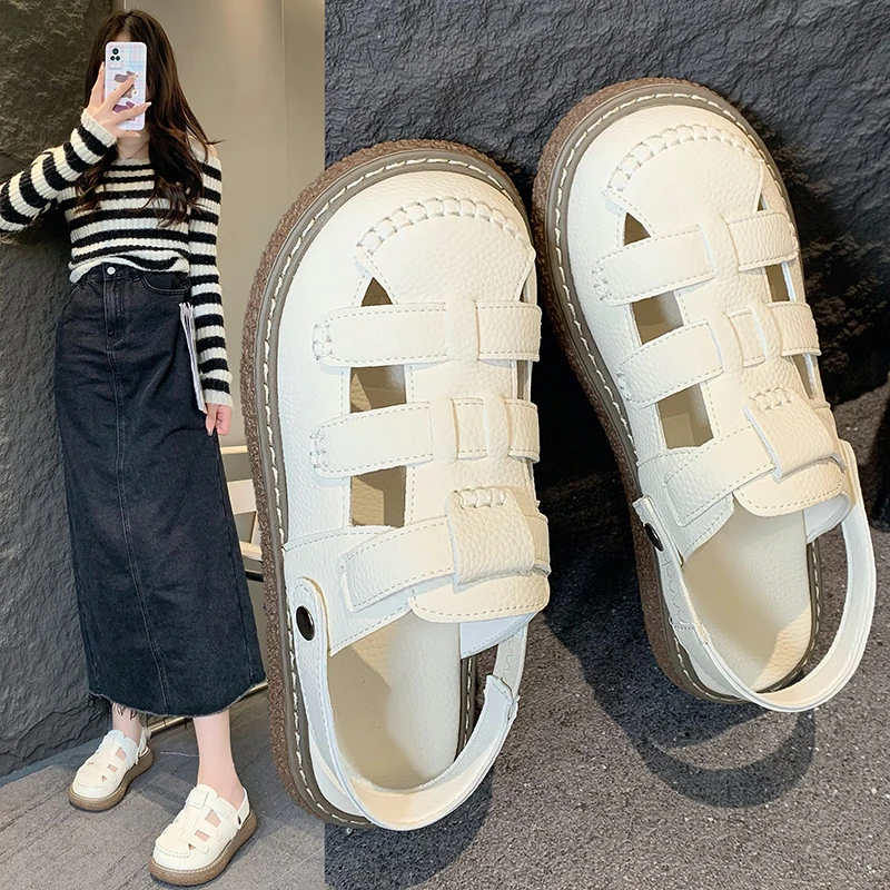 包头罗马凉鞋女两穿厚底凉鞋夏季外穿软底平底镂空编织皮底凉拖鞋