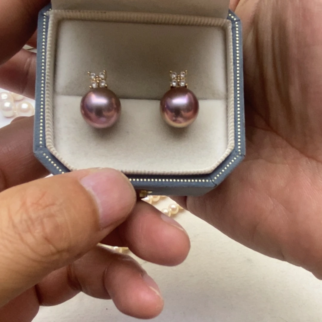 淡水珍珠耳饰银S925镶嵌四叶草紫珠耳饰11-12mm