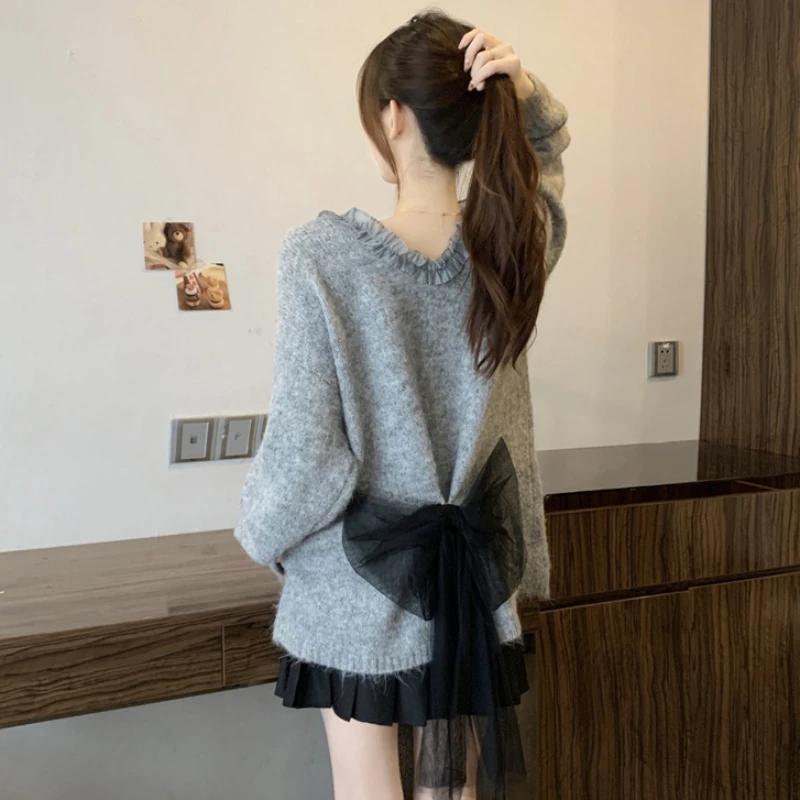 慵懒风V领后背蝴蝶结软糯毛衣女秋冬大码胖mm洋气减龄针织衫上衣