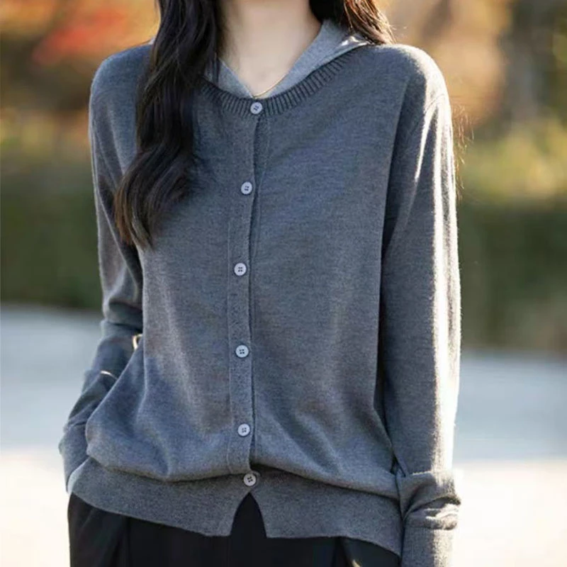 品牌时尚女装秋季假两件帽衫精仿针织衫纯色宽松长袖休闲百搭女