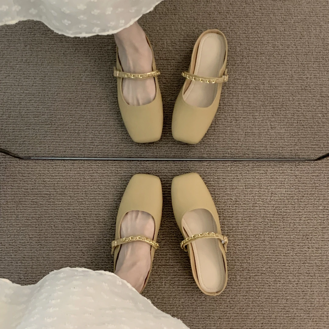 法式温柔半拖鞋平底2025包头晚晚单鞋春夏季浅卡链条气质玛丽珍鞋