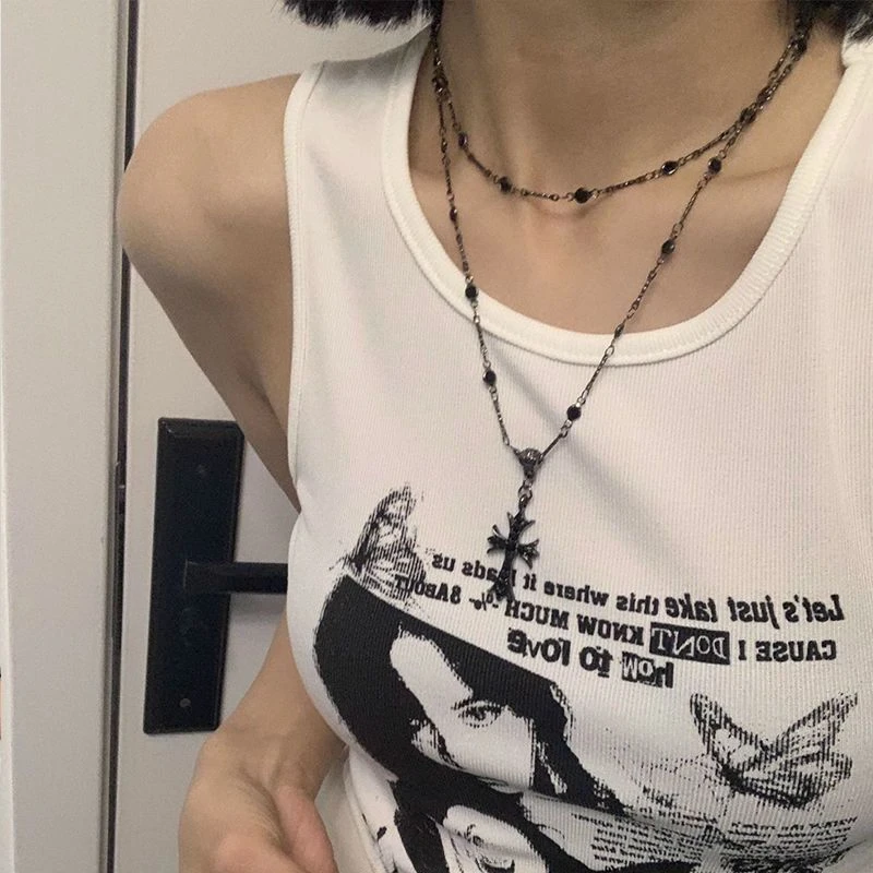 合金锆石项链 暗黑十字架串珠项链女长款双层叠戴时尚长款百搭锁