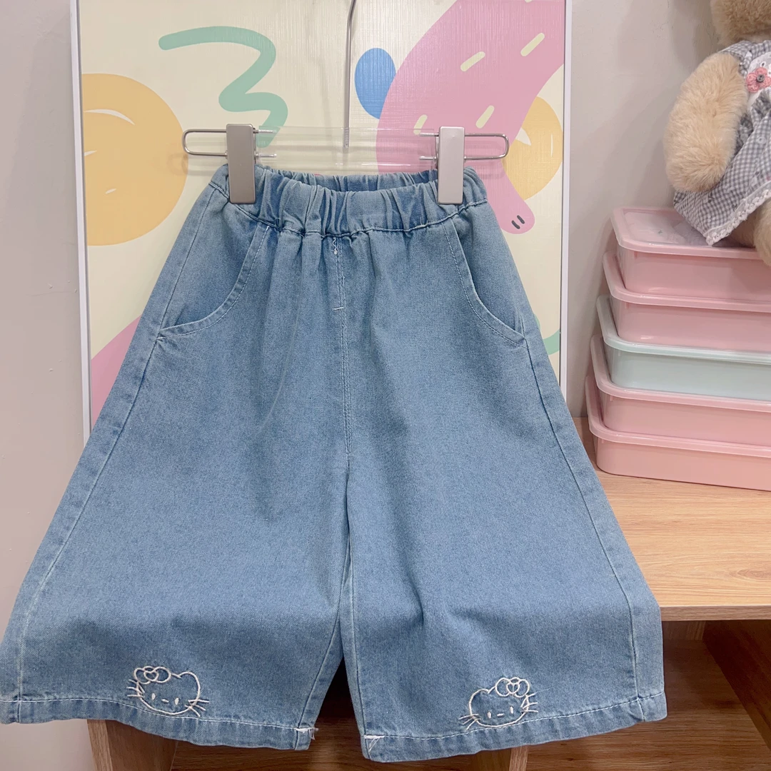 {花卷卷}2025夏季女童韩系KT猫刺绣直筒牛仔裤8201