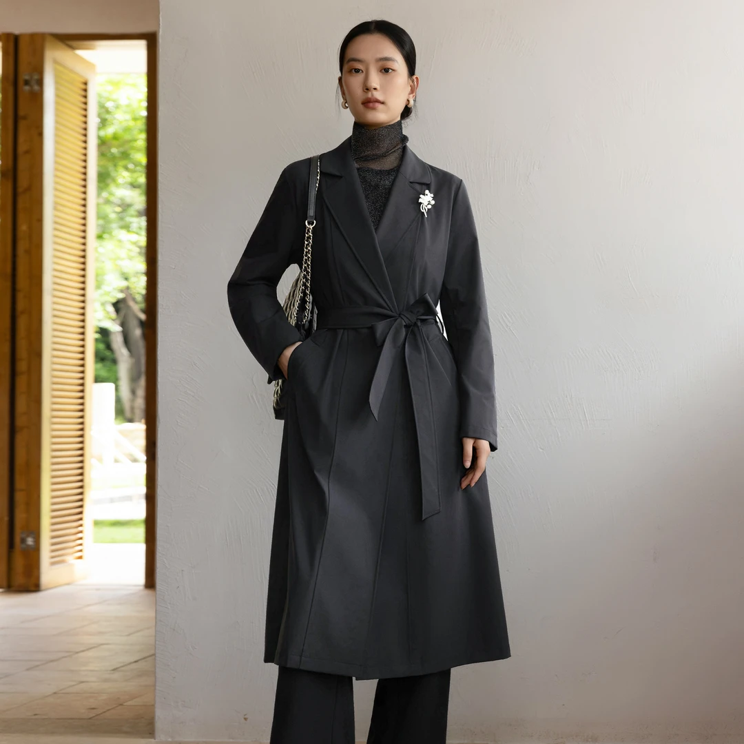 西子/【墨尔本】30D双层四面弹收腰黑色夜幕黑风衣/FYYF116