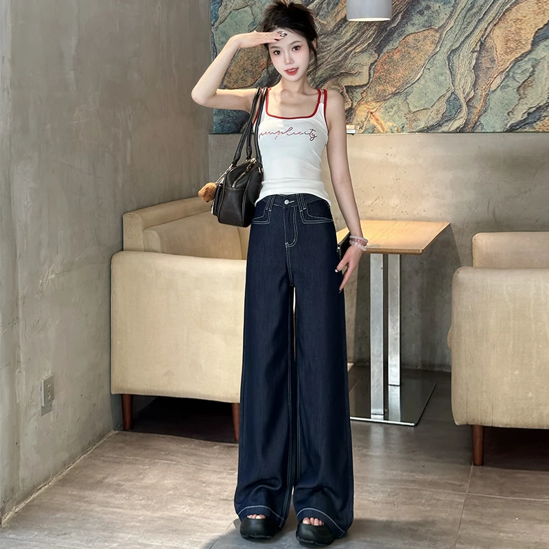 夏季薄款莱赛尔天丝阔腿牛仔裤女2025新款高腰显瘦宽松直筒拖地裤