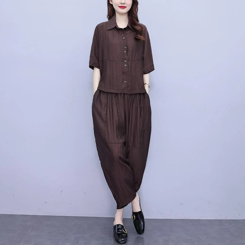 LOzP遮肉显瘦棉麻2025夏装新款洋气妈妈减龄短袖阔腿裤时髦