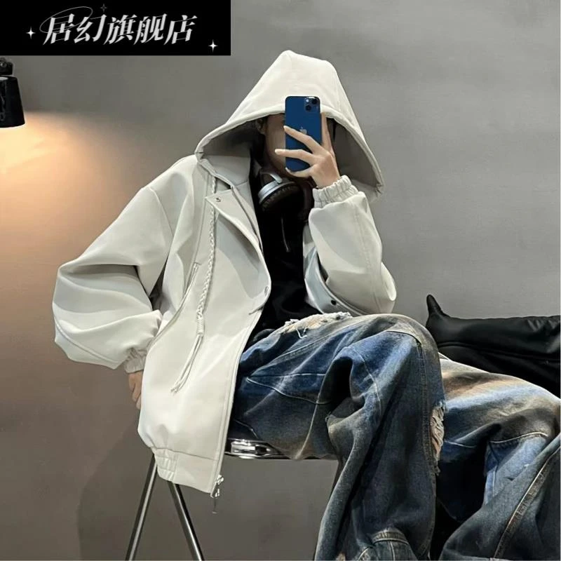 居幻秋冬季加绒加厚夹克连帽皮衣男座山雕显瘦宽松棉服保暖外套潮