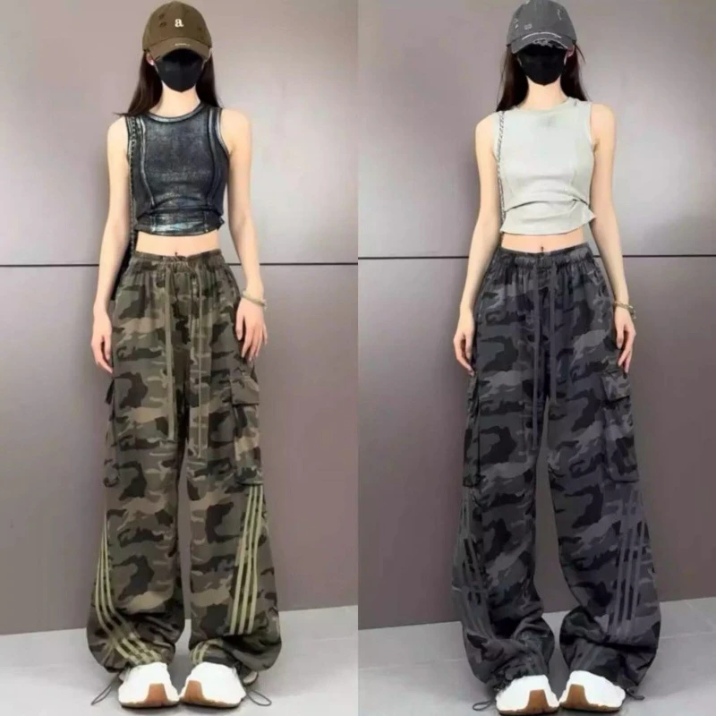 美式条纹迷彩工装裤女薄款2025夏季新款休闲宽松显瘦直筒阔腿裤潮