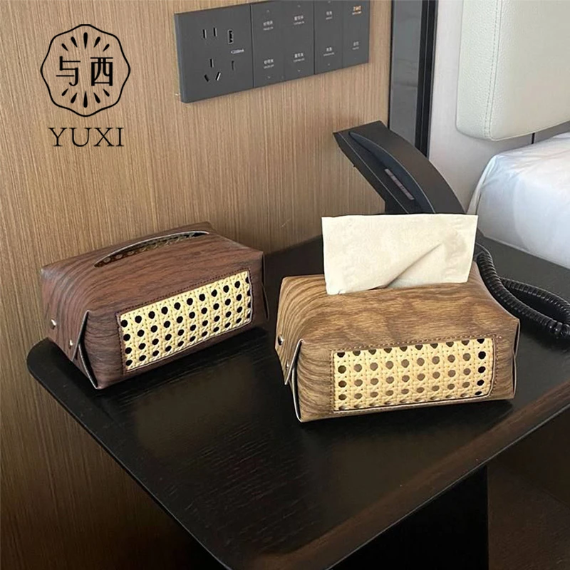 YUXI/与西皮革木纹纸巾盒抽纸盒家用轻奢高级感皮革材质纸巾盒