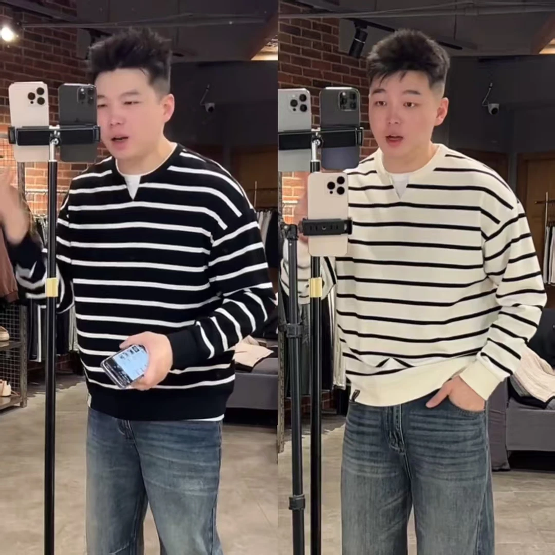 【南通大个】秋季时尚百搭条纹假两件亨利领长袖卫衣宽松T恤打底衫