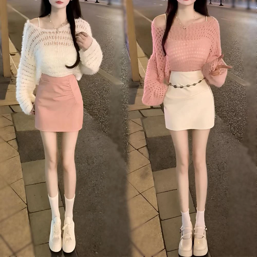 2025春秋新款法式甜美温柔风宽松气质镂空针织罩衫高腰PU短裙套装