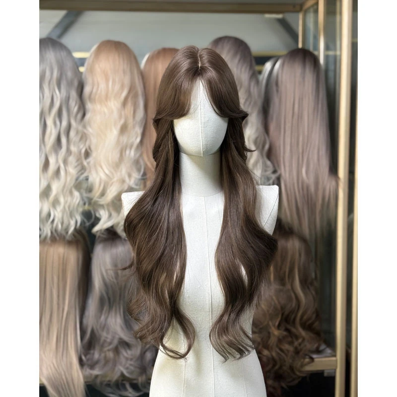 八字刘海假发女长卷发榛果灰棕大波浪时尚仿真人发丝全头套款假发