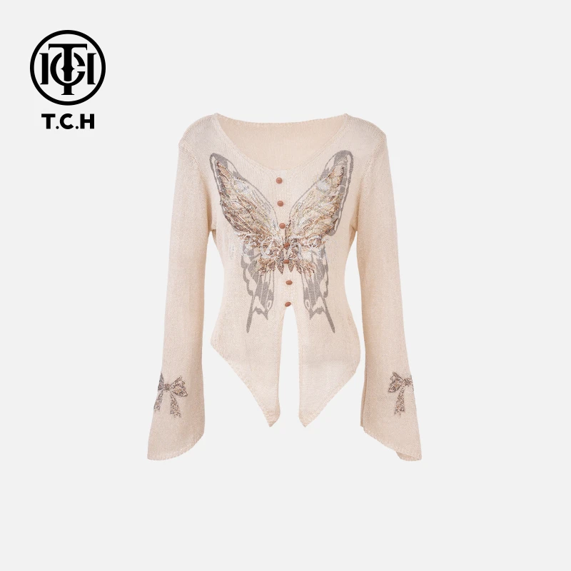 TCH烫钻潮牌蝴蝶结修身百搭毛优雅针织开衫女T75A09E5058轻奢tch