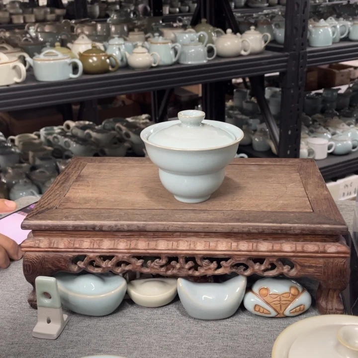 摆件天青釉手拉支烧两才葫芦盖碗