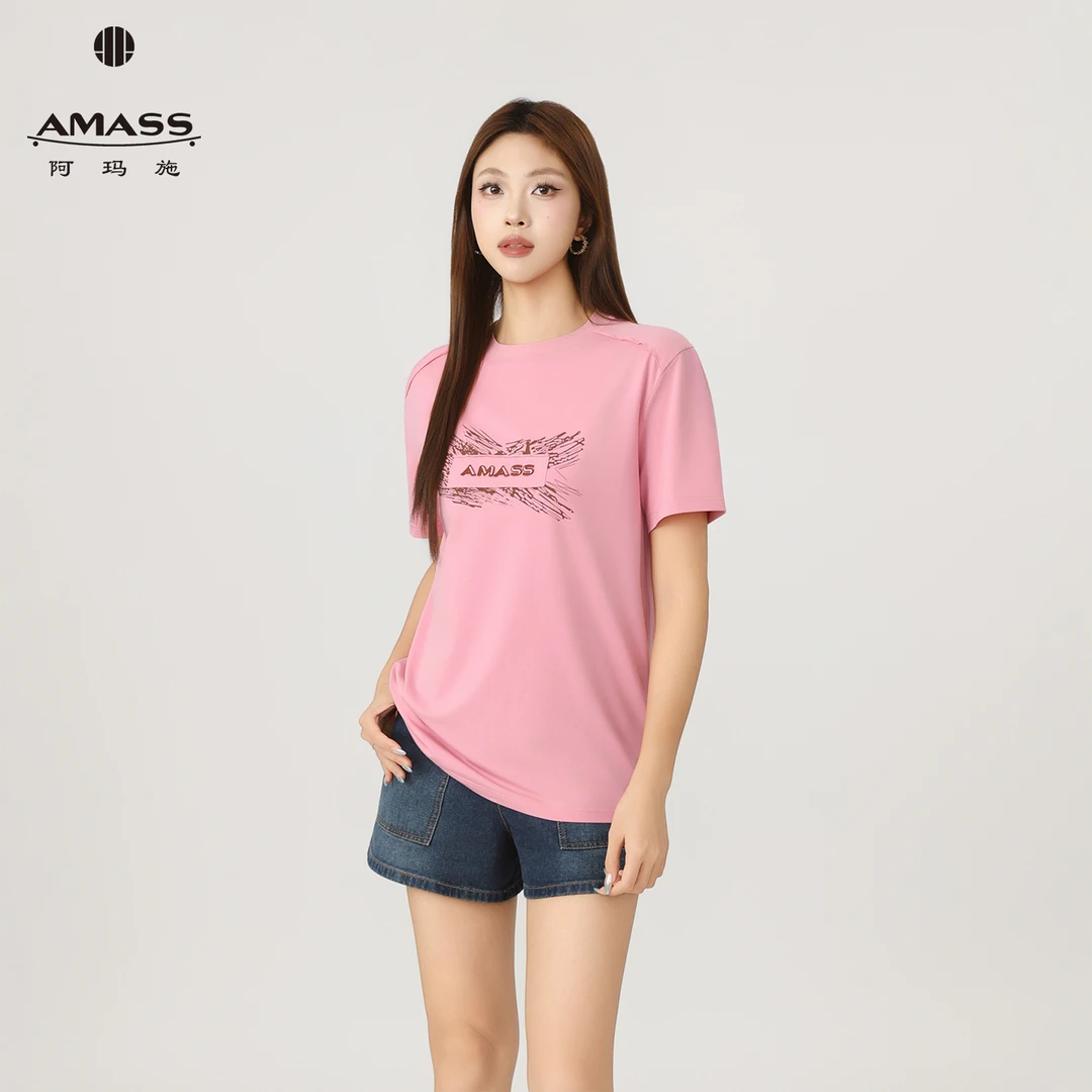 阿玛施时尚字母印花短袖T恤2025年夏季新品合身款上衣女士530084