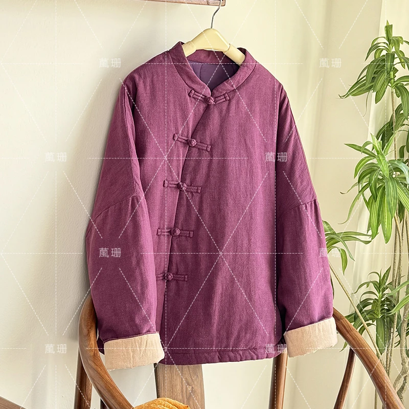 【藕粉斜襟拜年服】国风新中式春节苎麻盘扣斜襟保暖棉衣外套 52047
