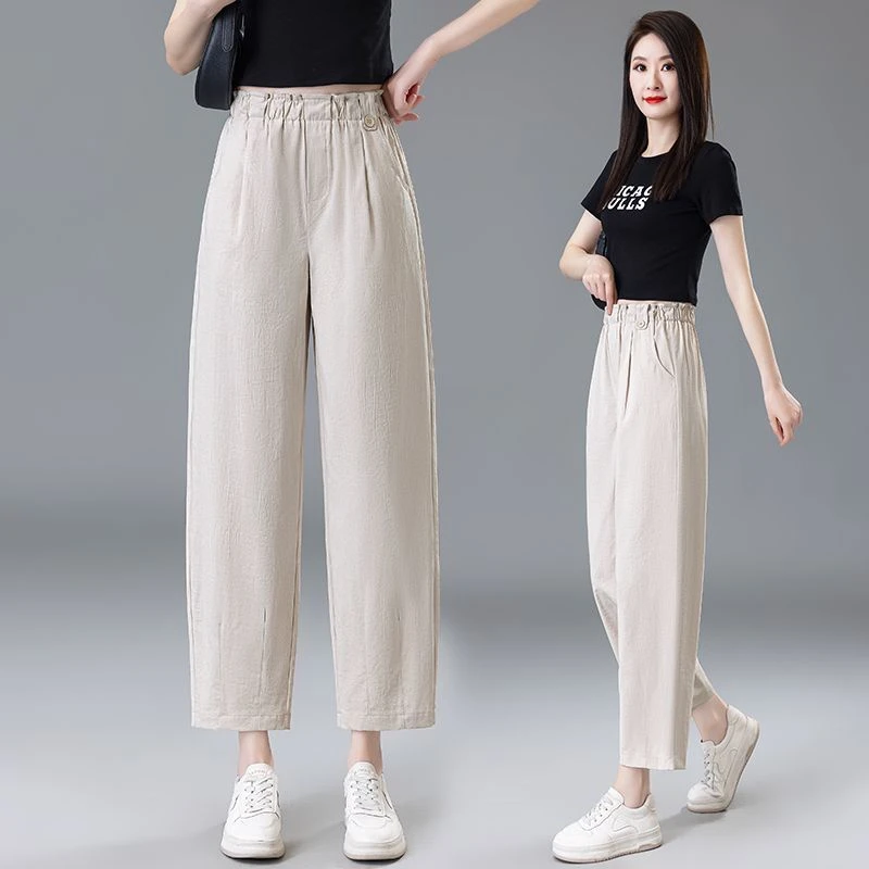 松紧腰时尚九分弯刀裤女夏季薄款新款花苞休闲八分直筒香蕉哈伦裤