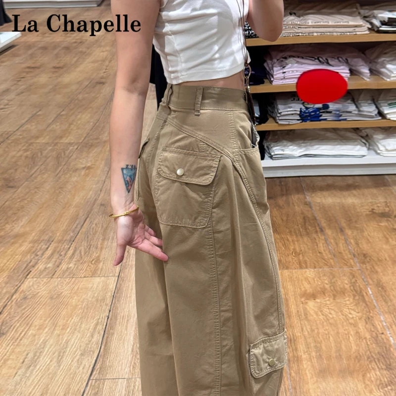 拉夏贝尔卡其色休闲工装裤2025炸街潮款裤子女春秋美式阔腿弯刀裤