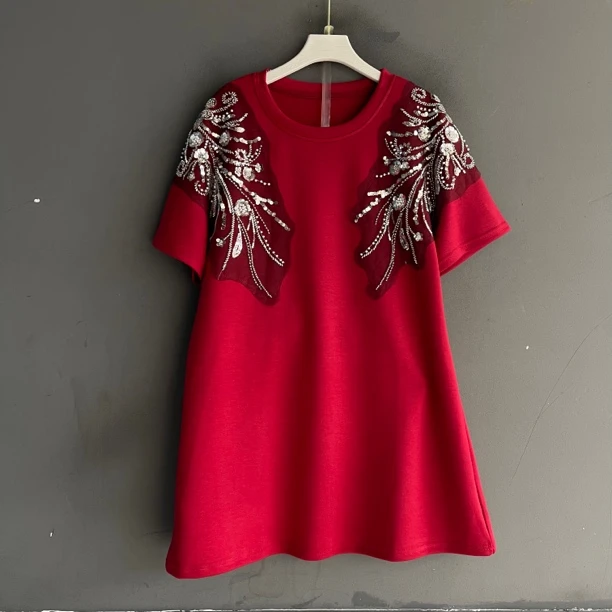 加肥圆领短袖花朵T恤衫胖妹妹气质轻熟风春夏款百搭显瘦上衣