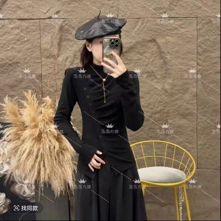 范范力推--2025秋冬新款双面绒不规则褶皱半高领长袖T恤女打底衫