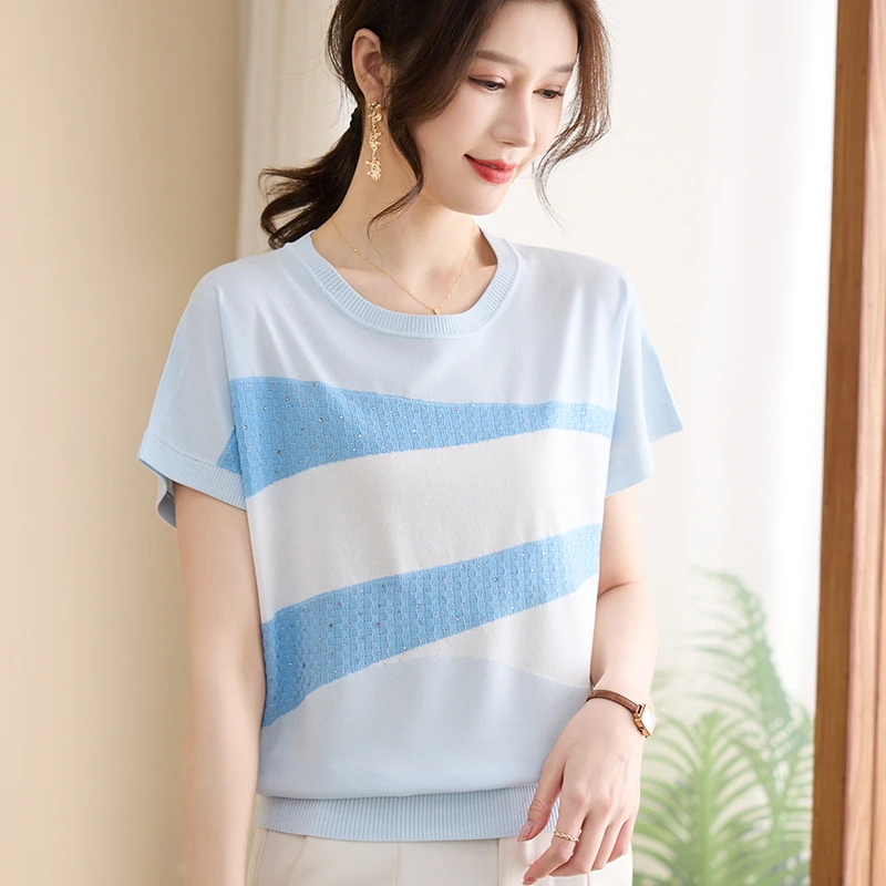 中年妈妈夏装冰丝针织短袖T恤2025新款中老年女气质减龄上衣薄款