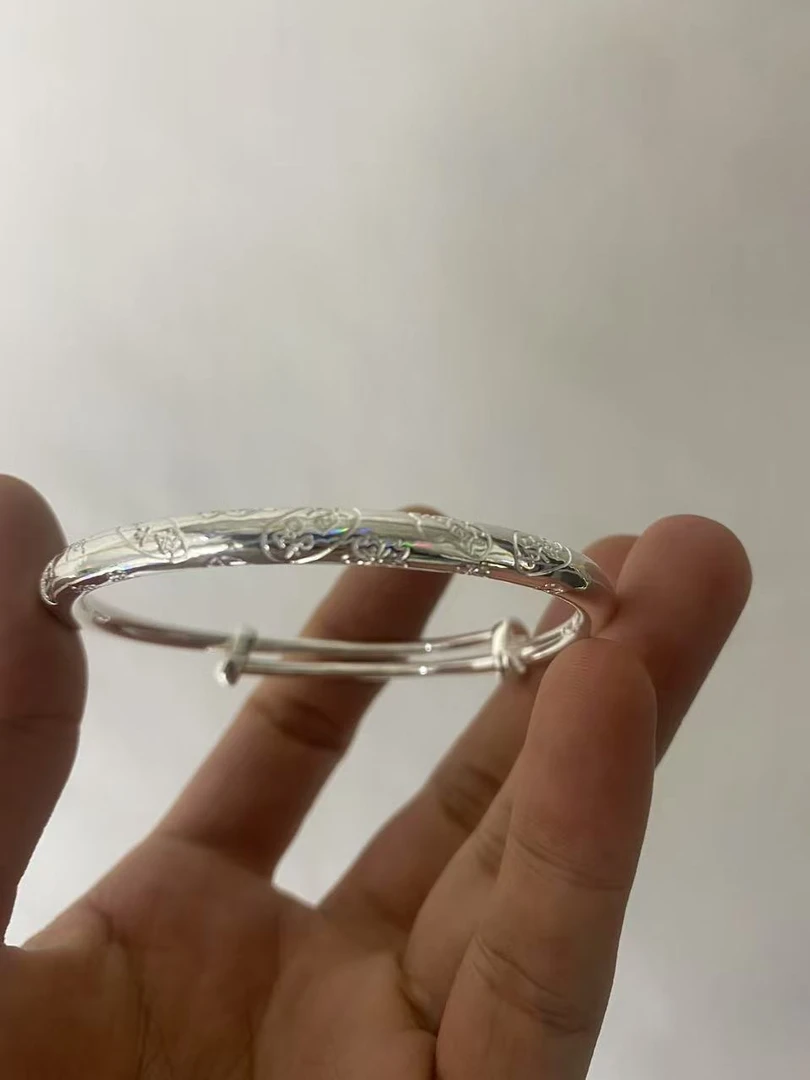 足银手镯 假一赔十足银9999亮面炫彩吉言推拉手镯