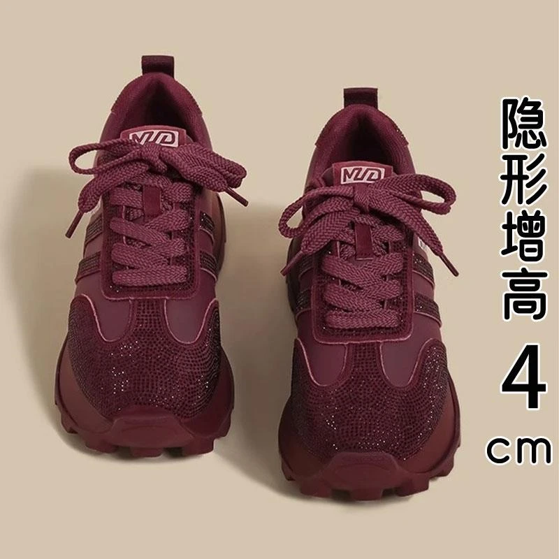 香港真皮厚底阿甘鞋女2025春秋季新款红色水钻增高休闲运动老爹鞋