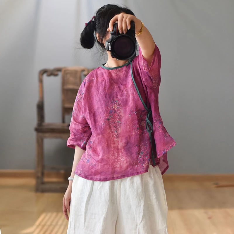 文艺苎麻印花手工盘扣宽松小衫撞色系带休闲衬衫上衣夏季复古风