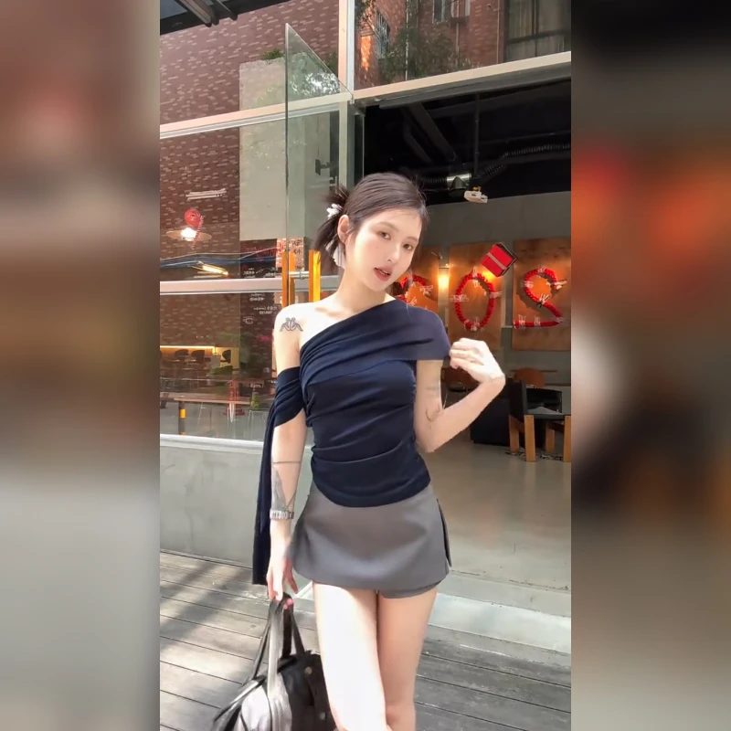 美式复古一衣两穿斜领露肩短袖T恤女夏季新款修身显瘦设计感上衣