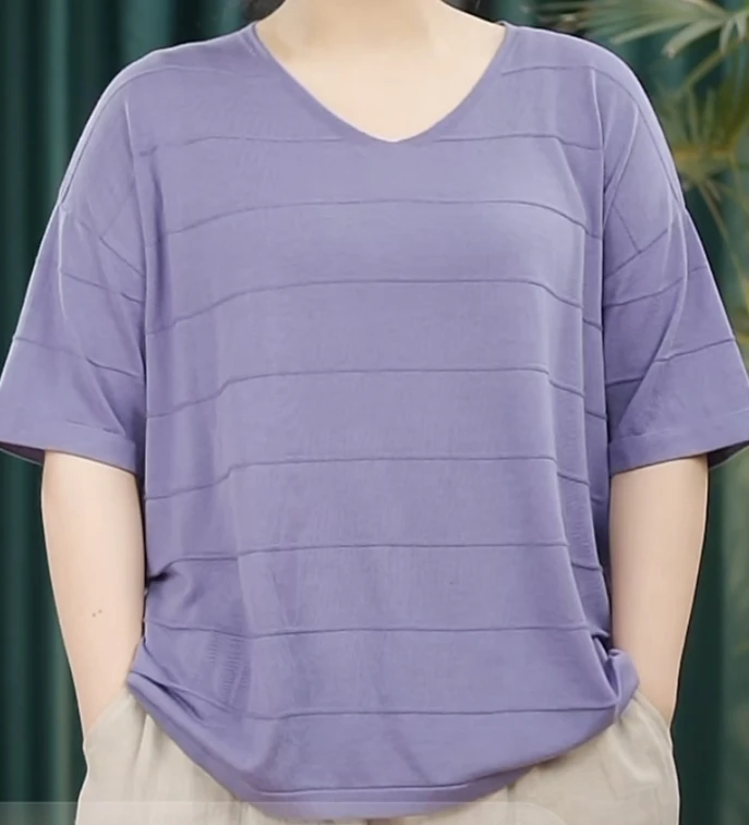 新款大码女装桑蚕丝薄款短袖t恤V领纯色TY25017针织衫夏季宽松