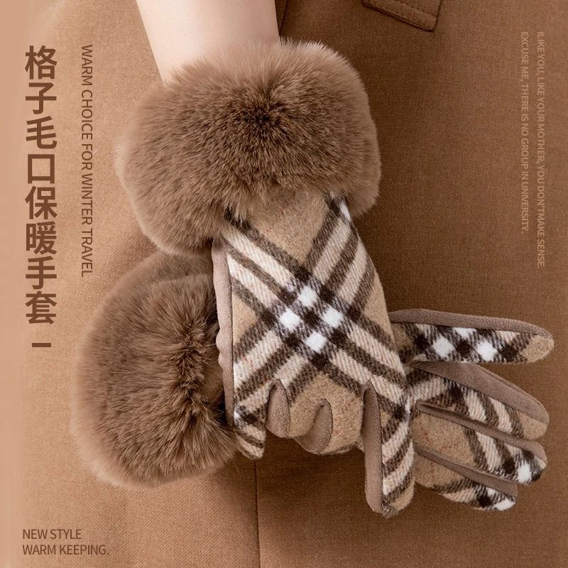 女士骑行户外防寒触屏毛呢加绒手套可爱时尚保暖冬天防风