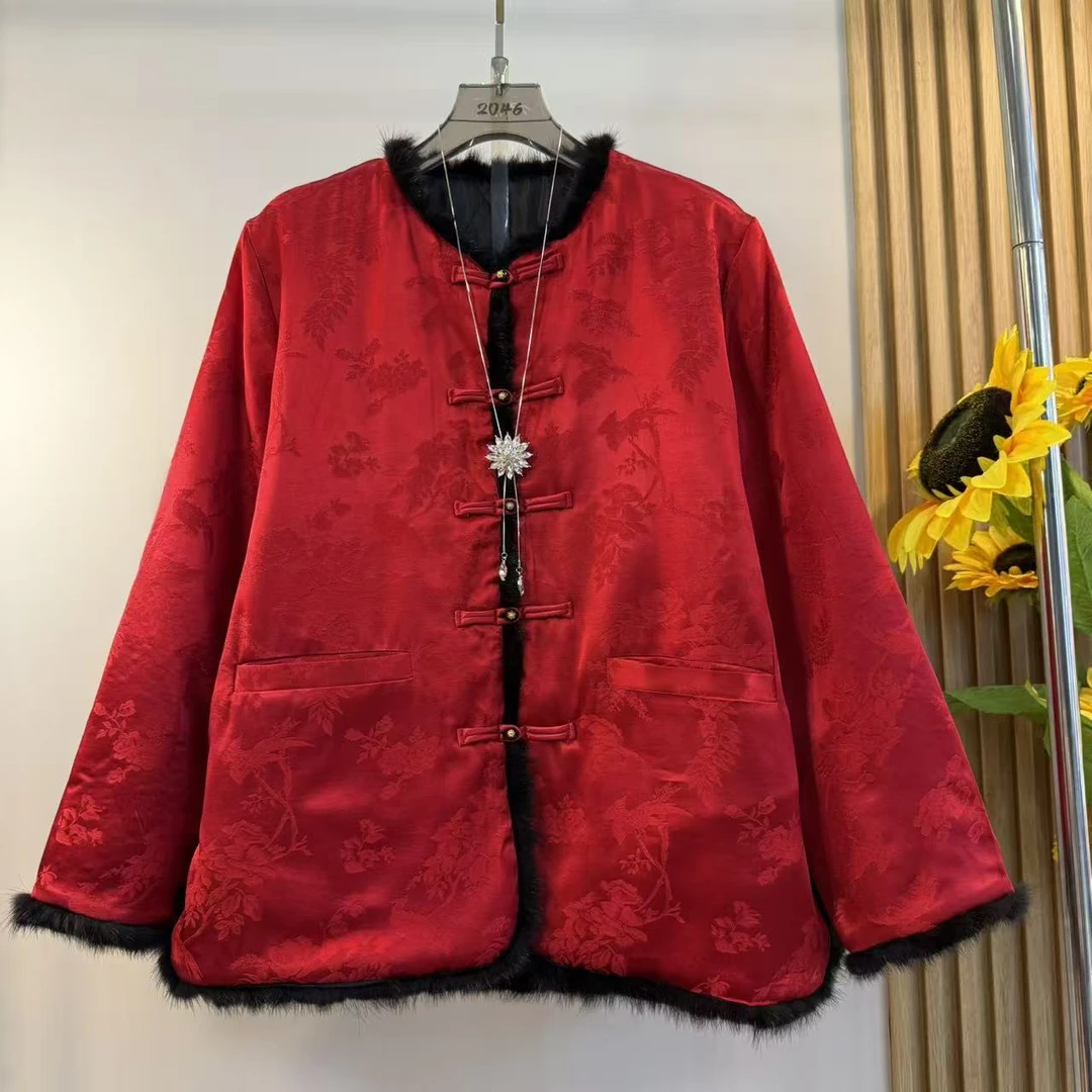 新中式大码女装2025冬季款国风锦缎提花盘扣毛毛加棉棉服外套上衣