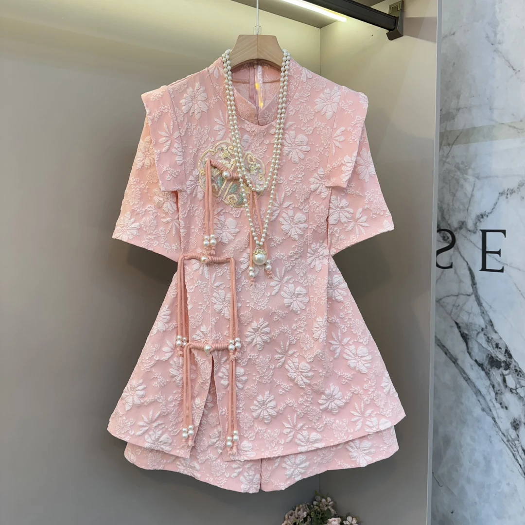 大码新中式复古国风套装裙夏季流苏盘扣遮肉上衣百搭短裤两件套装