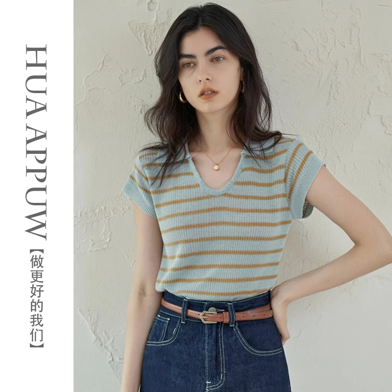 画朴法式百搭撞色条纹正肩短袖2025夏季新款休闲百搭薄款针织上衣