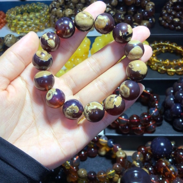 琥珀未镶嵌手链黑加仑妖花溶洞手串