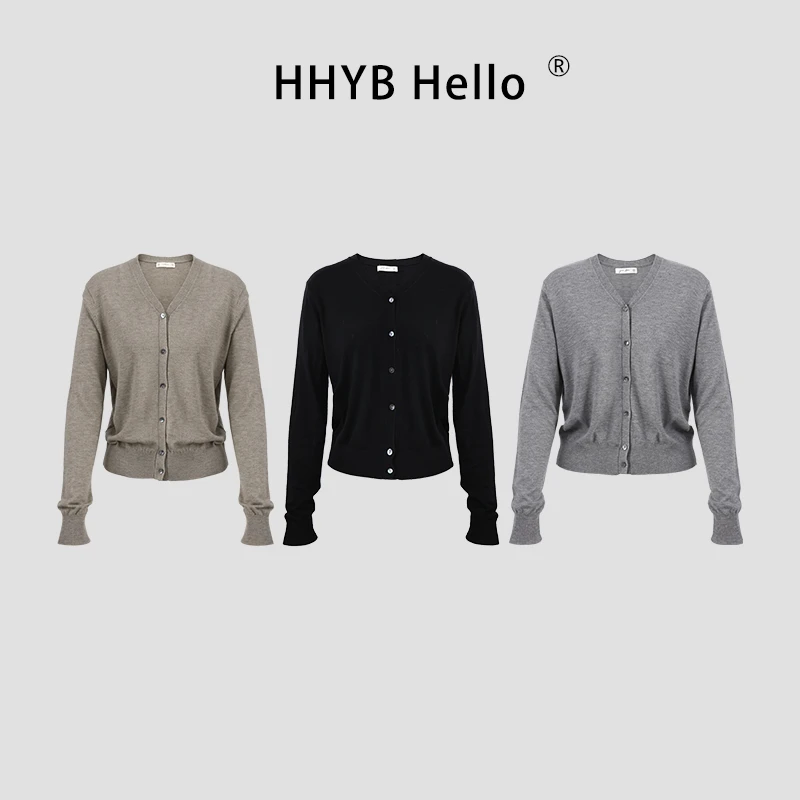 HHYB Hello法式V领针织开衫T恤2025新款薄款轻奢高级感上衣M1245