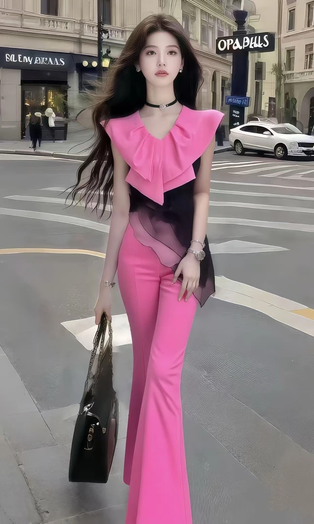 新款时尚温柔风高端大气粉色V领修身不规则上衣+百搭显瘦长裤女