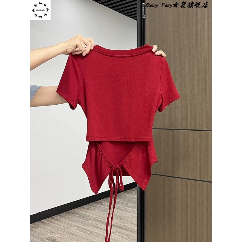 复古港风红色正肩短袖圆领t恤女夏季修身露背系带小心机chic上衣